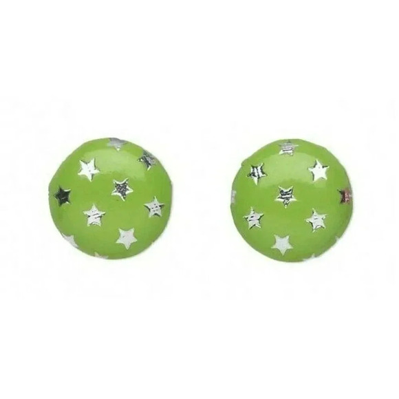Vegan Faux Leather Round 15mm Button Post Earrings Green w Silver Metallic Stars - Picture 1 of 1